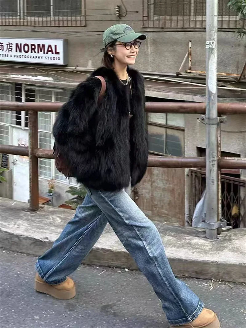 2024 Imitation Fox Fur Eco Friendly Fur Coat Cardigan Women's Winter New Black Short Style Slim and Fashionable Young Fur Coat