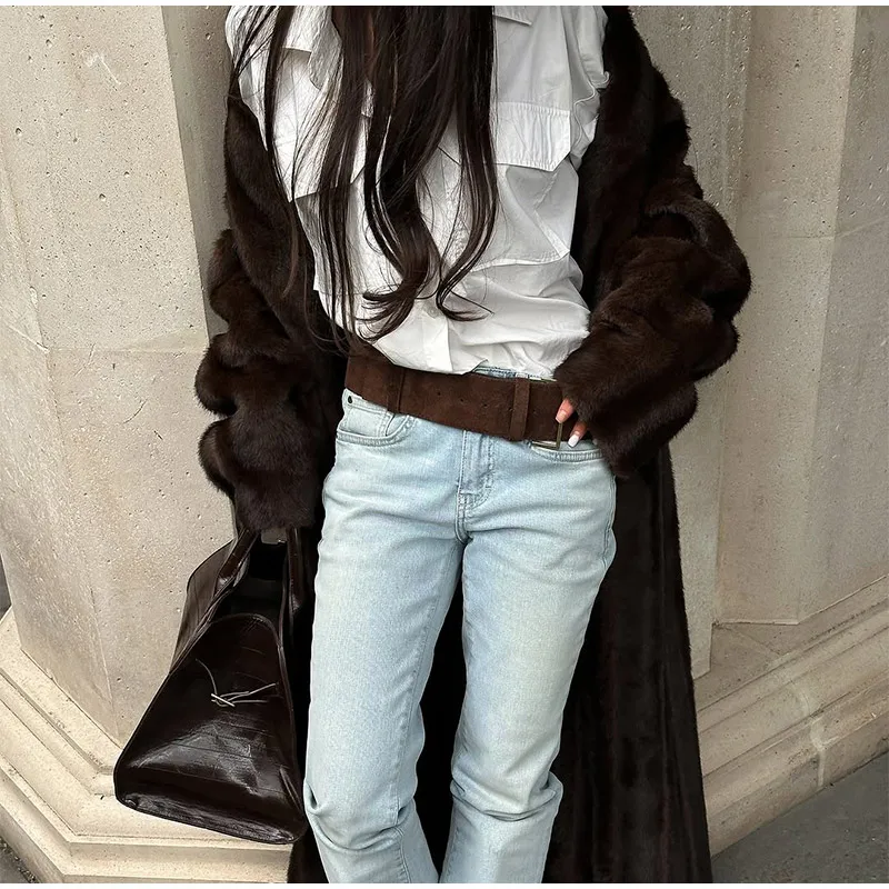 Brown Long Faux Fur Coat Women Fashion Full Sleeve Fluffy Loose Lace Up Overcoat 2025 Winter Lady Daily High Street Outwear
