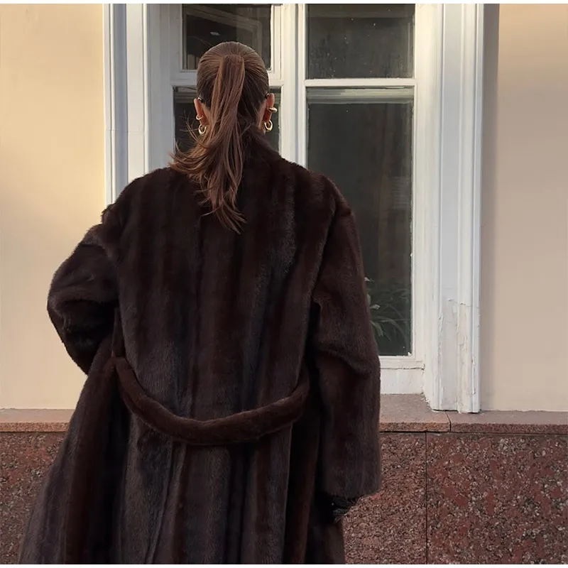 Brown Long Faux Fur Coat Women Fashion Full Sleeve Fluffy Loose Lace Up Overcoat 2025 Winter Lady Daily High Street Outwear