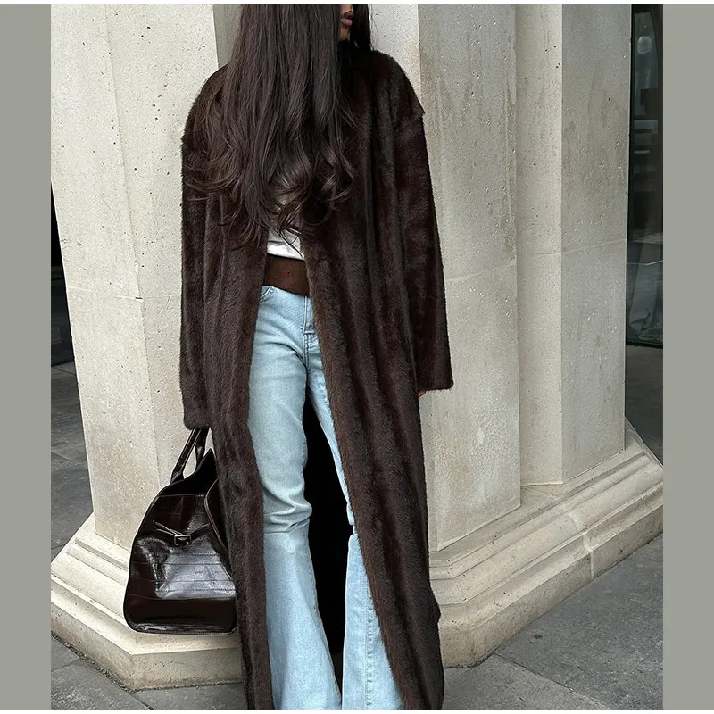 Brown Long Faux Fur Coat Women Fashion Full Sleeve Fluffy Loose Lace Up Overcoat 2025 Winter Lady Daily High Street Outwear
