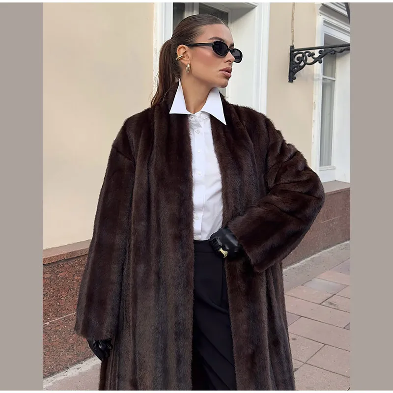 Brown Long Faux Fur Coat Women Fashion Full Sleeve Fluffy Loose Lace Up Overcoat 2025 Winter Lady Daily High Street Outwear