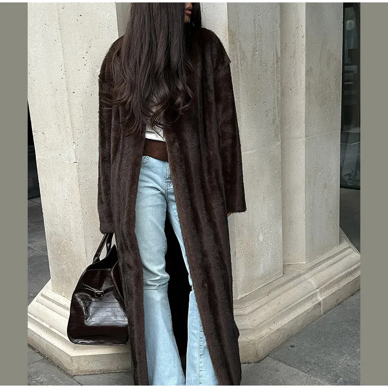 Brown Long Faux Fur Coat Women Fashion Full Sleeve Fluffy Loose Lace Up Overcoat 2025 Winter Lady Daily High Street Outwear