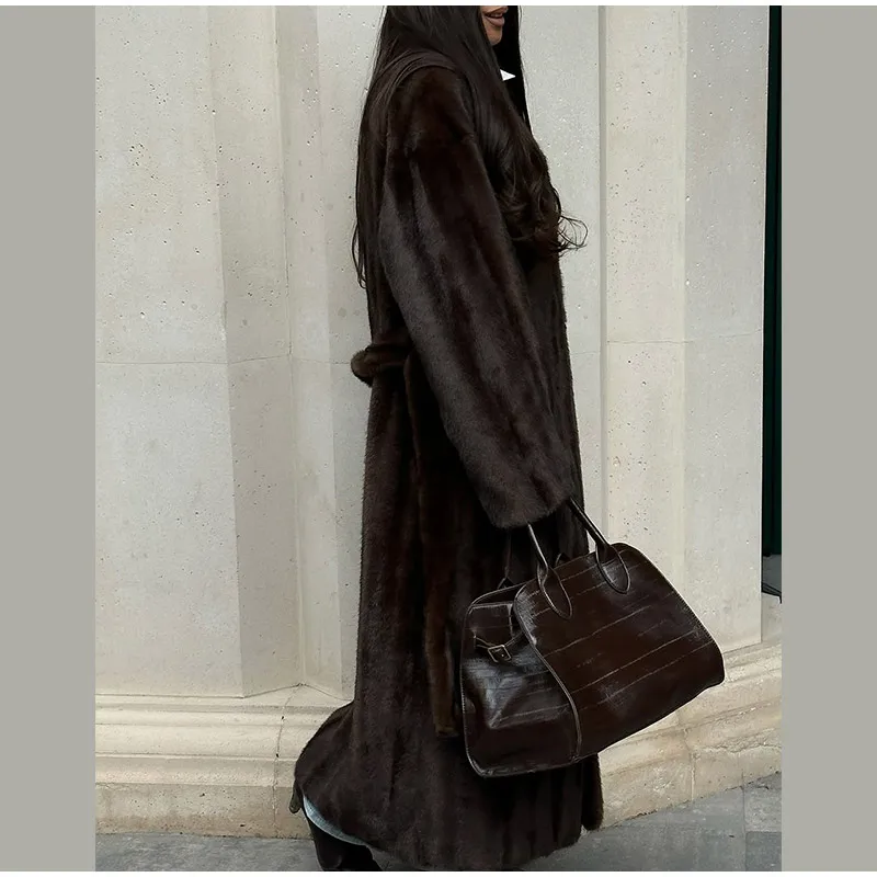 Brown Long Faux Fur Coat Women Fashion Full Sleeve Fluffy Loose Lace Up Overcoat 2025 Winter Lady Daily High Street Outwear