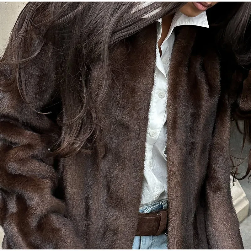 Brown Long Faux Fur Coat Women Fashion Full Sleeve Fluffy Loose Lace Up Overcoat 2025 Winter Lady Daily High Street Outwear