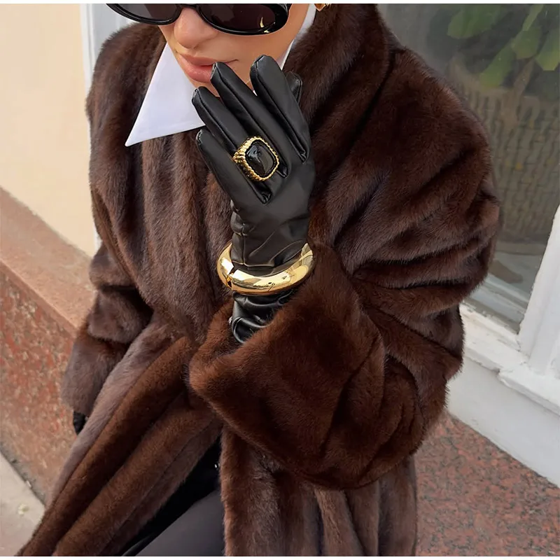 Brown Long Faux Fur Coat Women Fashion Full Sleeve Fluffy Loose Lace Up Overcoat 2025 Winter Lady Daily High Street Outwear