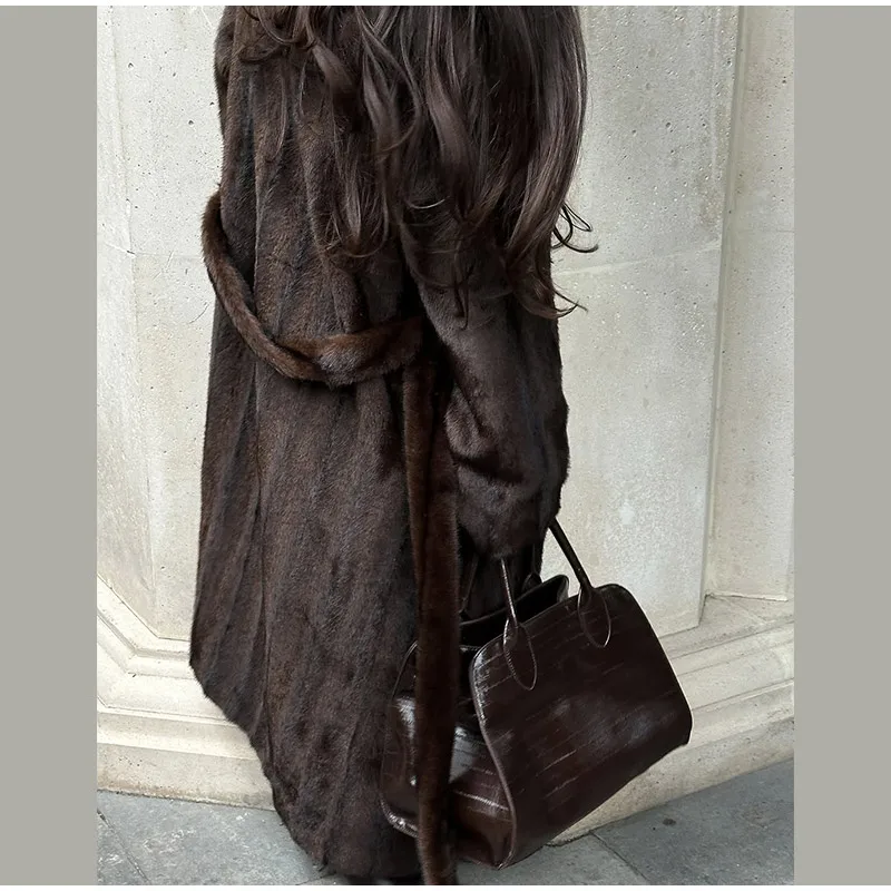 Brown Long Faux Fur Coat Women Fashion Full Sleeve Fluffy Loose Lace Up Overcoat 2025 Winter Lady Daily High Street Outwear