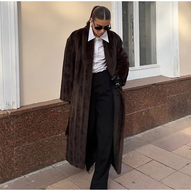 Brown Long Faux Fur Coat Women Fashion Full Sleeve Fluffy Loose Lace Up Overcoat 2025 Winter Lady Daily High Street Outwear
