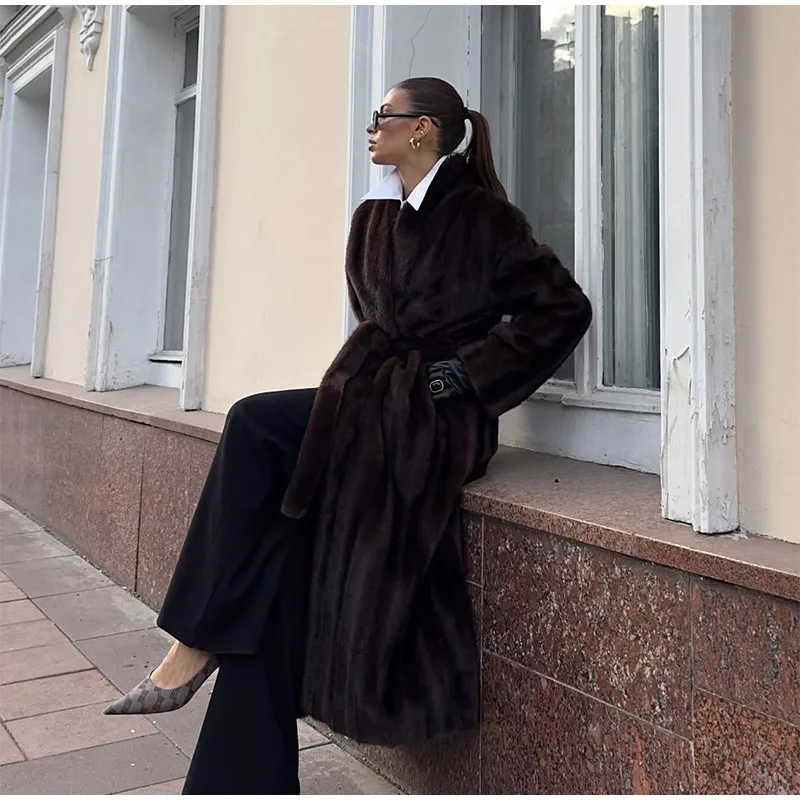 Brown Long Faux Fur Coat Women Fashion Full Sleeve Fluffy Loose Lace Up Overcoat 2025 Winter Lady Daily High Street Outwear