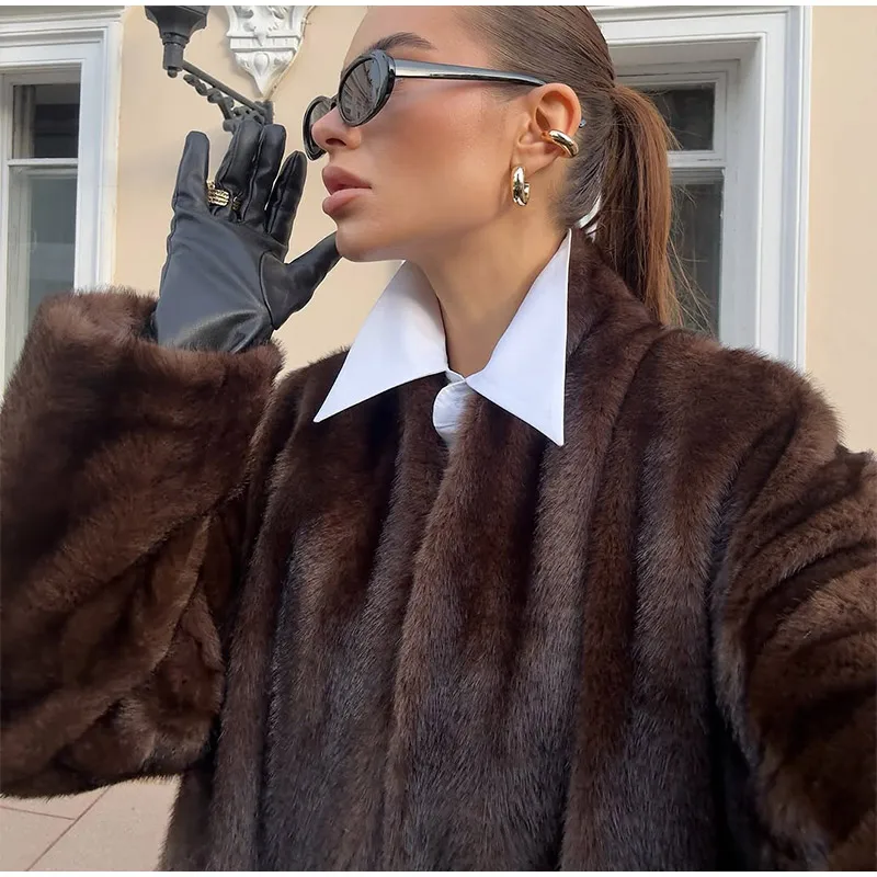 Brown Long Faux Fur Coat Women Fashion Full Sleeve Fluffy Loose Lace Up Overcoat 2025 Winter Lady Daily High Street Outwear