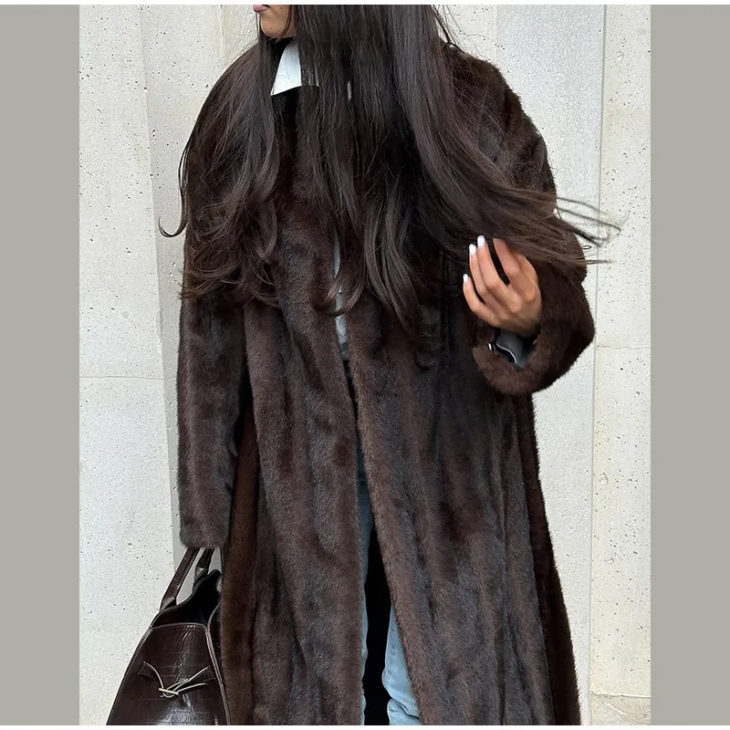 Brown Long Faux Fur Coat Women Fashion Full Sleeve Fluffy Loose Lace Up Overcoat 2025 Winter Lady Daily High Street Outwear