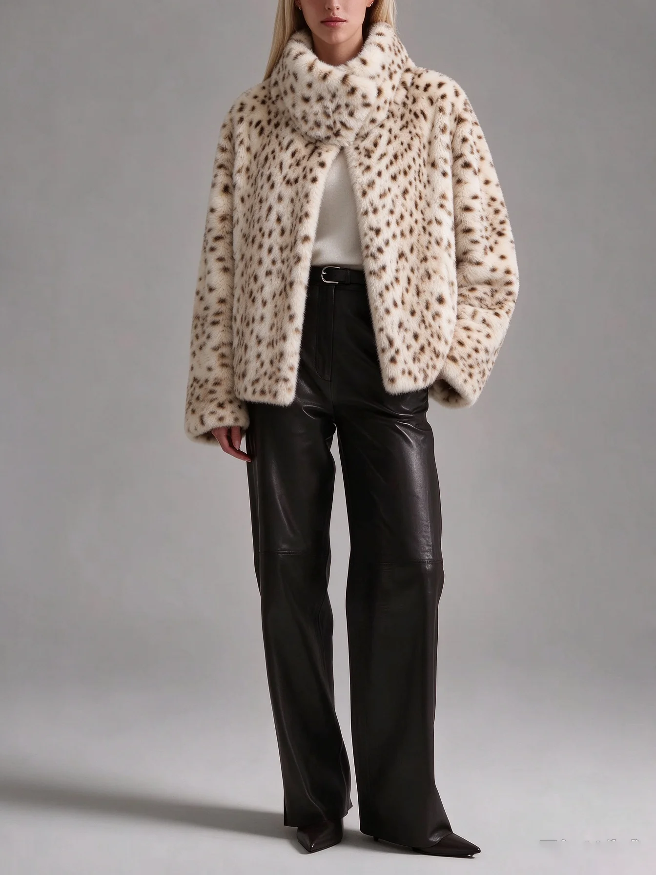 IG Women Leopard Spotted Faux Fur Large Foldover Stand Collar Cropped Jacket, Long Sleeve Winter Warm Vintage Street Outerwear