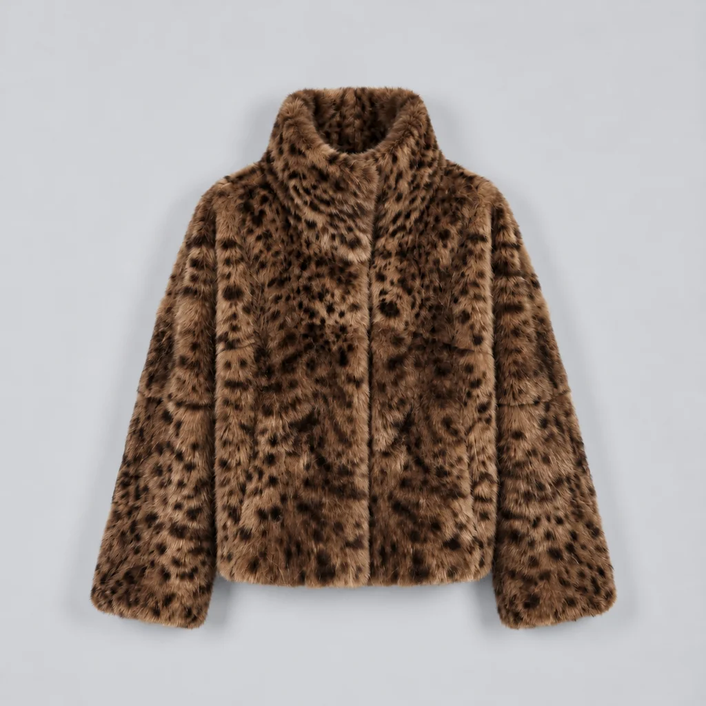 IG Women Leopard Spotted Faux Fur Large Foldover Stand Collar Cropped Jacket, Long Sleeve Winter Warm Vintage Street Outerwear