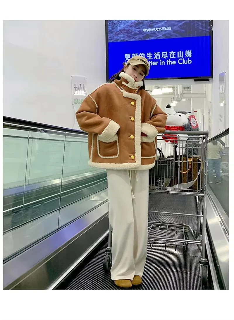 Autumn Lamb Coat Women's 2026 Winter New Thickened Warm Short Fur One Piece Coat Female Imitation fur Jacket Femme Pink Ourcoat