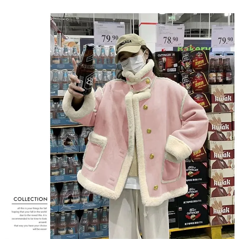 Autumn Lamb Coat Women's 2026 Winter New Thickened Warm Short Fur One Piece Coat Female Imitation fur Jacket Femme Pink Ourcoat