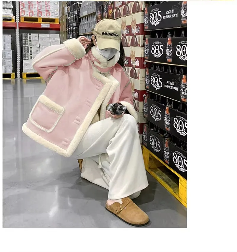 Autumn Lamb Coat Women's 2026 Winter New Thickened Warm Short Fur One Piece Coat Female Imitation fur Jacket Femme Pink Ourcoat
