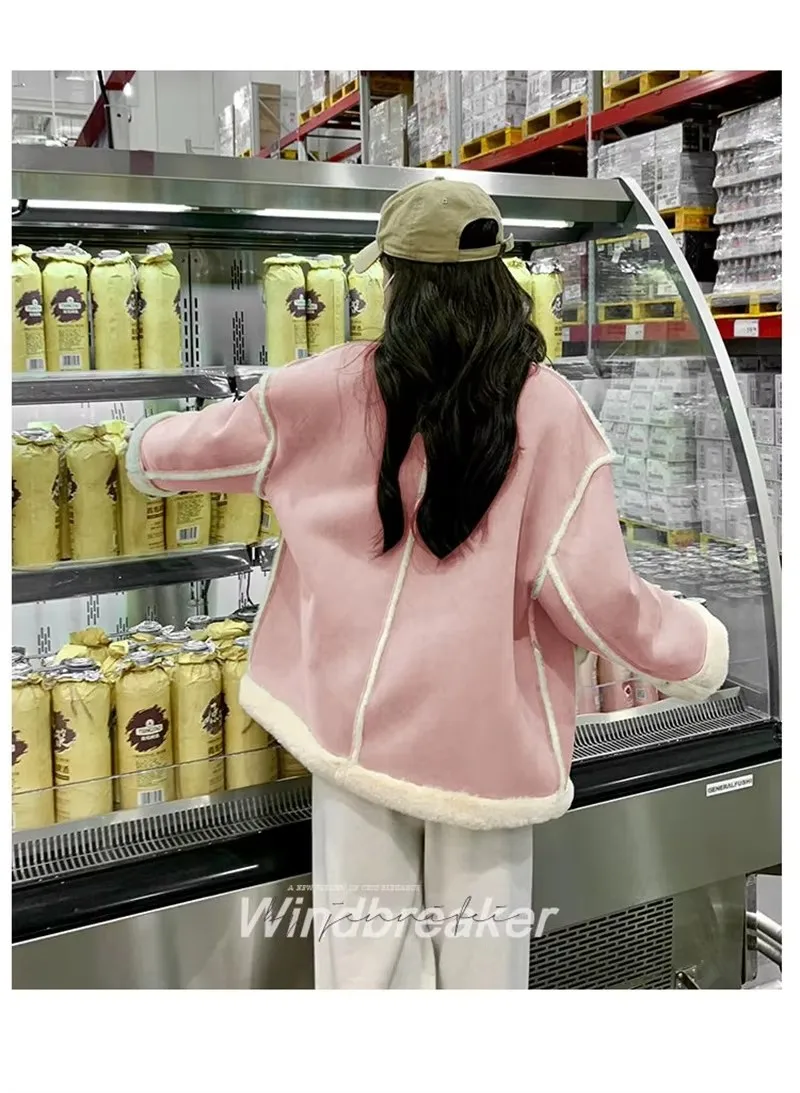 Autumn Lamb Coat Women's 2026 Winter New Thickened Warm Short Fur One Piece Coat Female Imitation fur Jacket Femme Pink Ourcoat