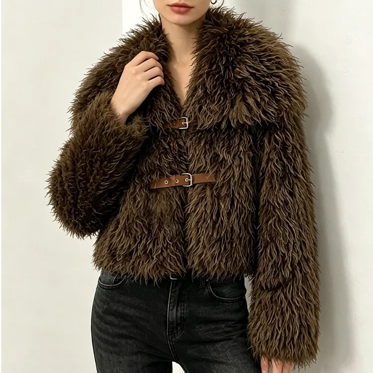 OFTBUY New Winter Women Fluffy Faux Fur Coat big Fur Collar Bukle Belt Short Fake Fur Jacket Warm Thick Plush Casual Outerwear