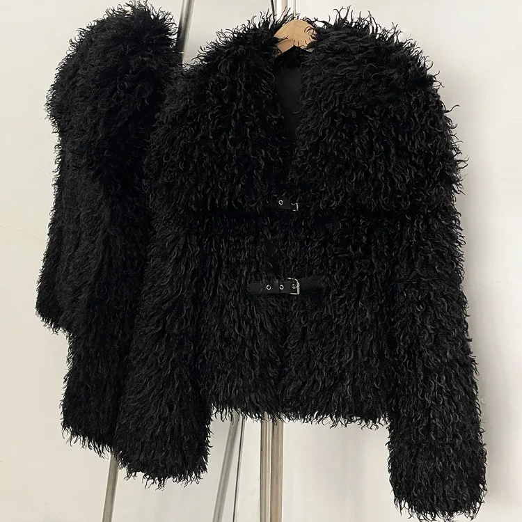 OFTBUY New Winter Women Fluffy Faux Fur Coat big Fur Collar Bukle Belt Short Fake Fur Jacket Warm Thick Plush Casual Outerwear