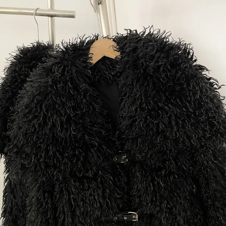 OFTBUY New Winter Women Fluffy Faux Fur Coat big Fur Collar Bukle Belt Short Fake Fur Jacket Warm Thick Plush Casual Outerwear
