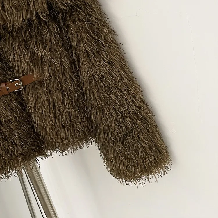 OFTBUY New Winter Women Fluffy Faux Fur Coat big Fur Collar Bukle Belt Short Fake Fur Jacket Warm Thick Plush Casual Outerwear