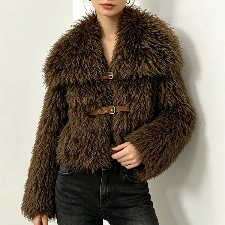 OFTBUY New Winter Women Fluffy Faux Fur Coat big Fur Collar Bukle Belt Short Fake Fur Jacket Warm Thick Plush Casual Outerwear