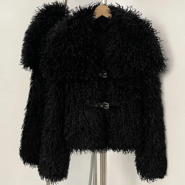 OFTBUY New Winter Women Fluffy Faux Fur Coat big Fur Collar Bukle Belt Short Fake Fur Jacket Warm Thick Plush Casual Outerwear