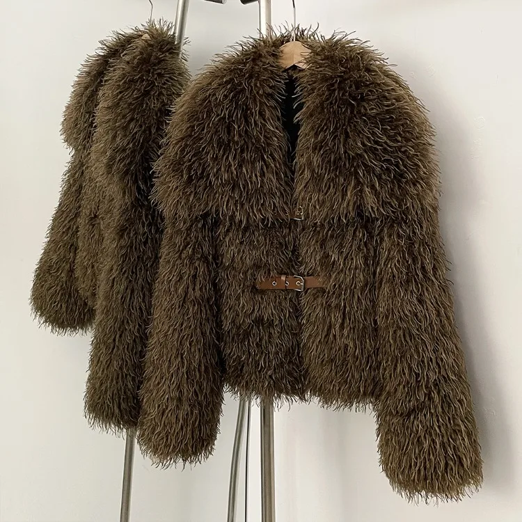 OFTBUY New Winter Women Fluffy Faux Fur Coat big Fur Collar Bukle Belt Short Fake Fur Jacket Warm Thick Plush Casual Outerwear
