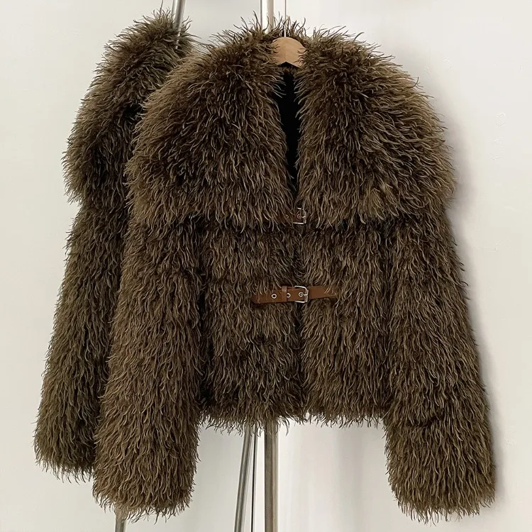 OFTBUY New Winter Women Fluffy Faux Fur Coat big Fur Collar Bukle Belt Short Fake Fur Jacket Warm Thick Plush Casual Outerwear