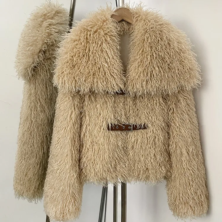 OFTBUY New Winter Women Fluffy Faux Fur Coat big Fur Collar Bukle Belt Short Fake Fur Jacket Warm Thick Plush Casual Outerwear