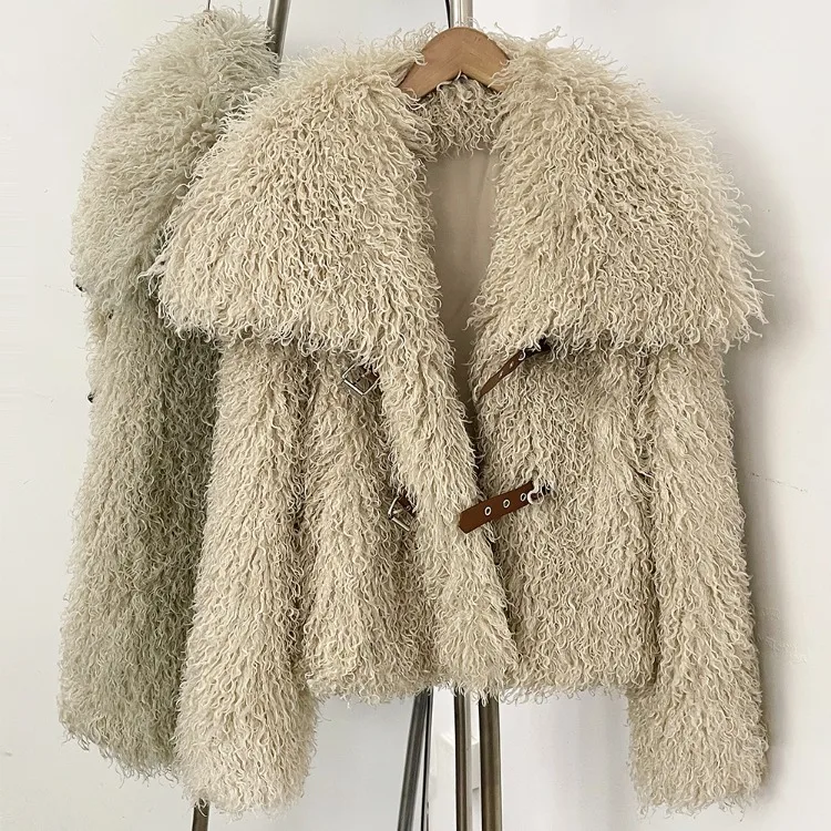 OFTBUY New Winter Women Fluffy Faux Fur Coat big Fur Collar Bukle Belt Short Fake Fur Jacket Warm Thick Plush Casual Outerwear