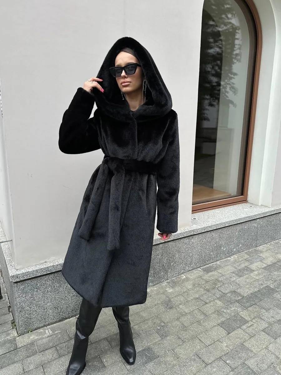 Women Faux Fur Long Coats Hooded Overcoats Lace Up Full Sleeves Open Stitch Thick Loose Jackets Elegant 2025 Autumn Winter