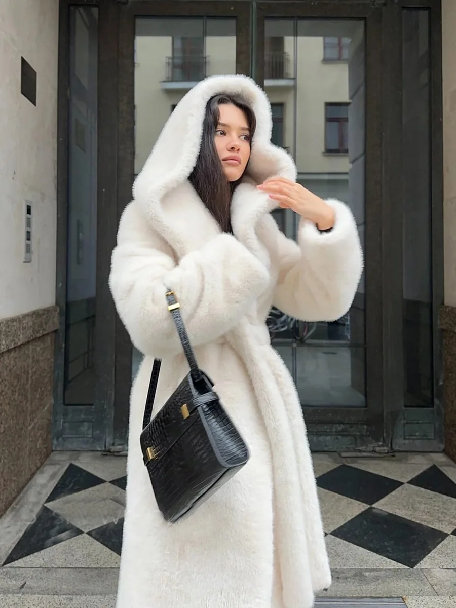 Women Faux Fur Long Coats Hooded Overcoats Lace Up Full Sleeves Open Stitch Thick Loose Jackets Elegant 2025 Autumn Winter