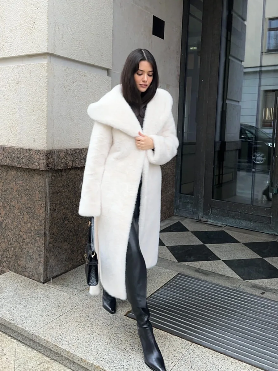 Women Faux Fur Long Coats Hooded Overcoats Lace Up Full Sleeves Open Stitch Thick Loose Jackets Elegant 2025 Autumn Winter