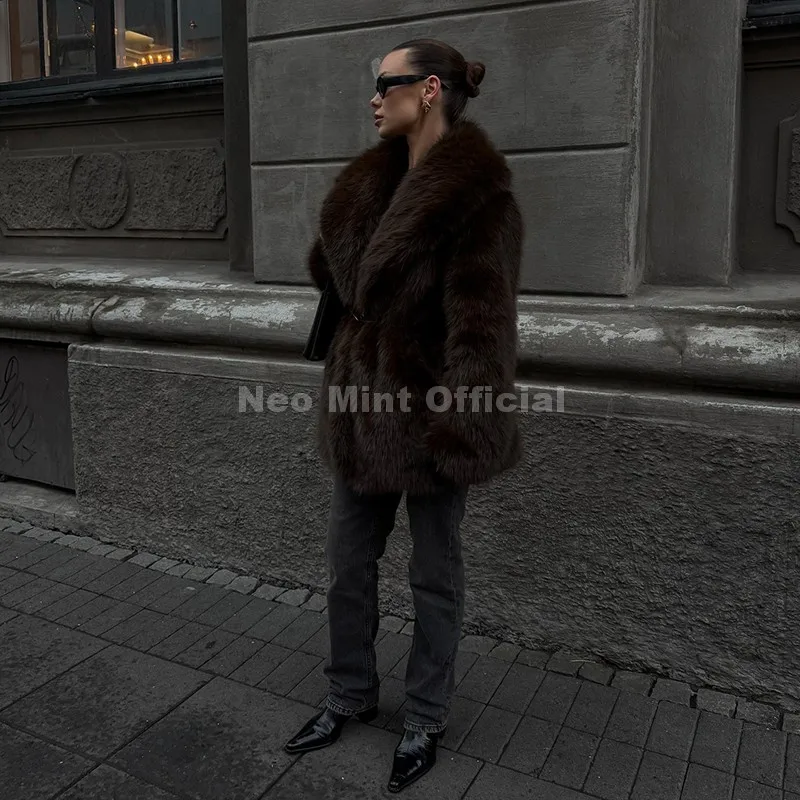 Neo Mint Chic Brand Fashion Brown Belted Faux Fur Coat Women 2025 Winter Thick Warm Long Fox Fur Jacket Girls Furry Overcoat