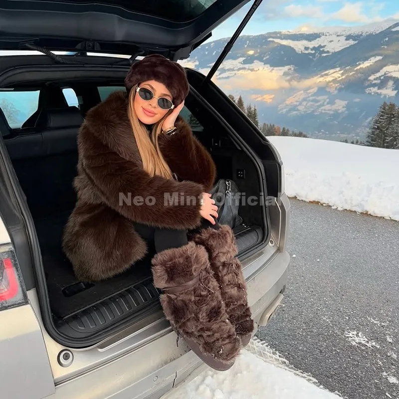Neo Mint Chic Brand Fashion Brown Belted Faux Fur Coat Women 2025 Winter Thick Warm Long Fox Fur Jacket Girls Furry Overcoat