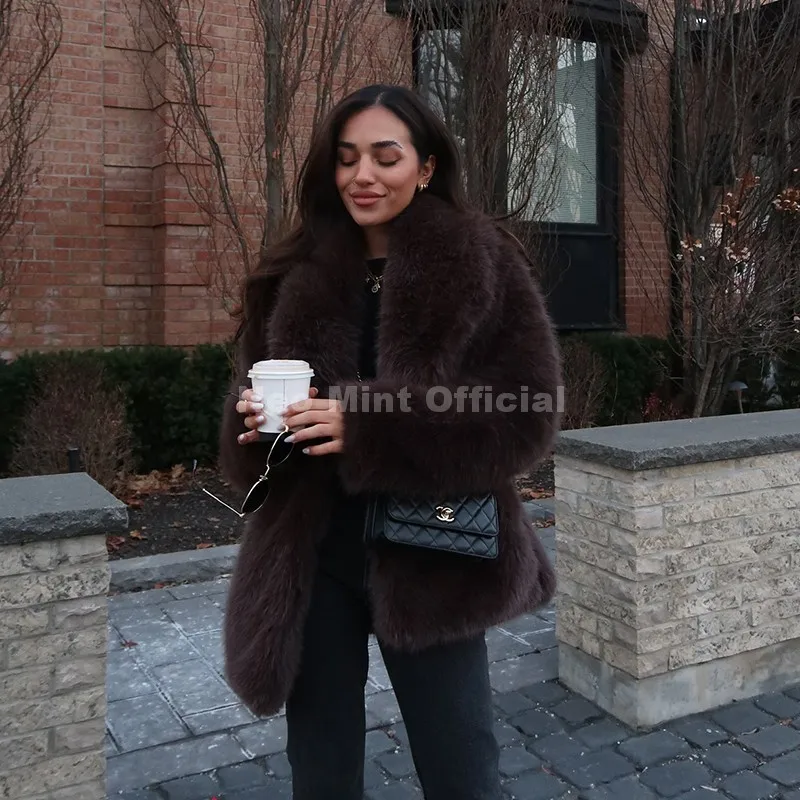 Neo Mint Chic Brand Fashion Brown Belted Faux Fur Coat Women 2025 Winter Thick Warm Long Fox Fur Jacket Girls Furry Overcoat