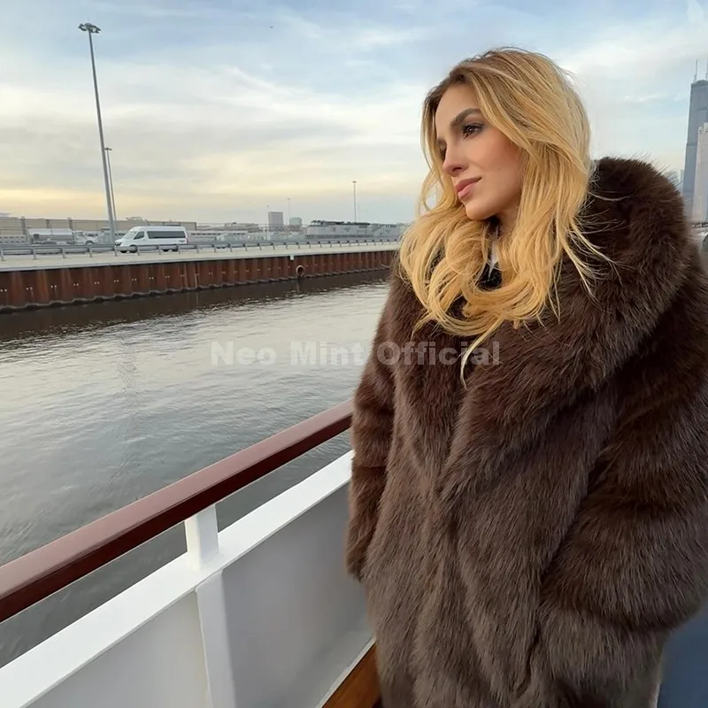 Neo Mint Chic Brand Fashion Brown Belted Faux Fur Coat Women 2025 Winter Thick Warm Long Fox Fur Jacket Girls Furry Overcoat