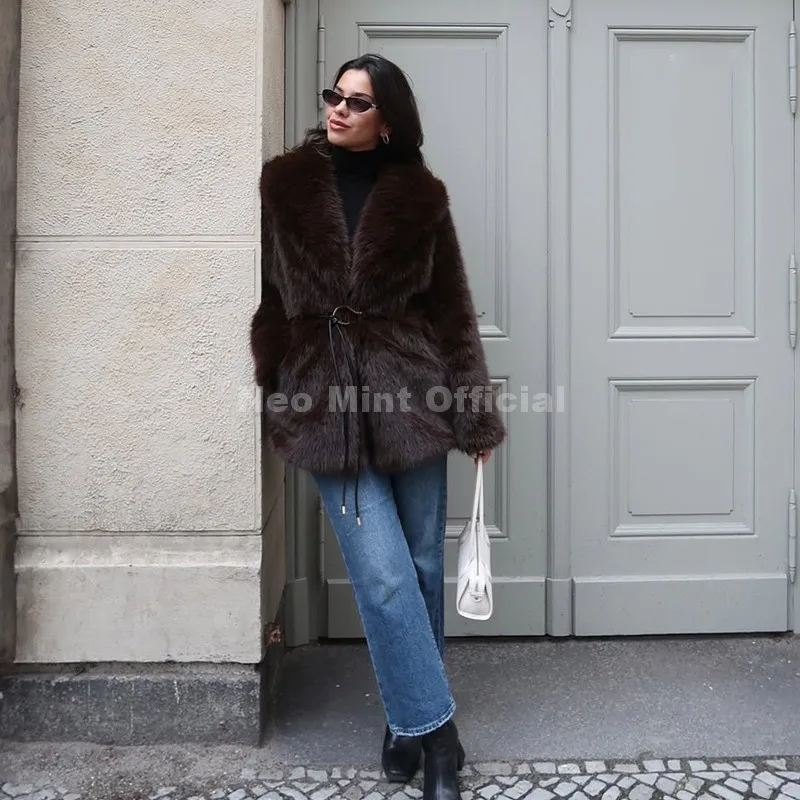 Neo Mint Chic Brand Fashion Brown Belted Faux Fur Coat Women 2025 Winter Thick Warm Long Fox Fur Jacket Girls Furry Overcoat