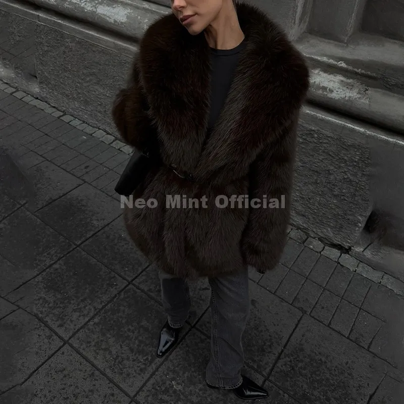 Neo Mint Chic Brand Fashion Brown Belted Faux Fur Coat Women 2025 Winter Thick Warm Long Fox Fur Jacket Girls Furry Overcoat