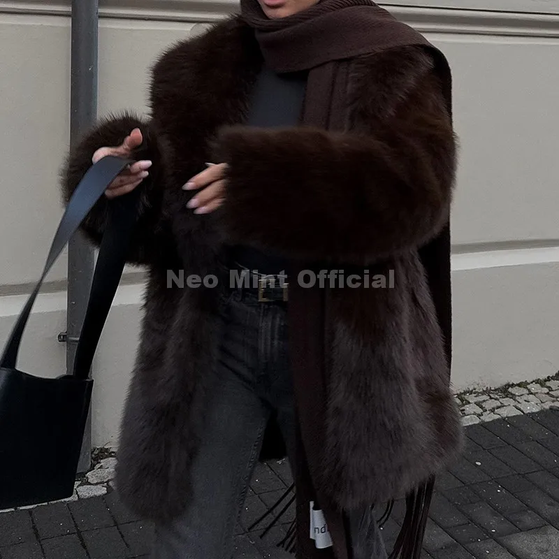 Neo Mint Chic Brand Fashion Brown Belted Faux Fur Coat Women 2025 Winter Thick Warm Long Fox Fur Jacket Girls Furry Overcoat