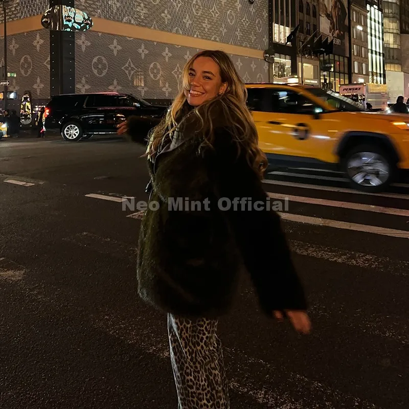 Neo Mint Chic Brand Fashion Brown Belted Faux Fur Coat Women 2025 Winter Thick Warm Long Fox Fur Jacket Girls Furry Overcoat