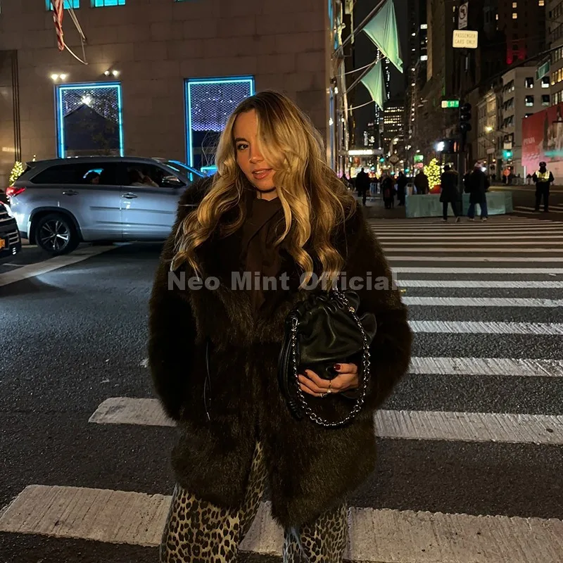 Neo Mint Chic Brand Fashion Brown Belted Faux Fur Coat Women 2025 Winter Thick Warm Long Fox Fur Jacket Girls Furry Overcoat