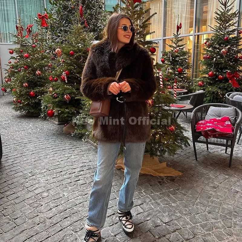 Neo Mint Chic Brand Fashion Brown Belted Faux Fur Coat Women 2025 Winter Thick Warm Long Fox Fur Jacket Girls Furry Overcoat