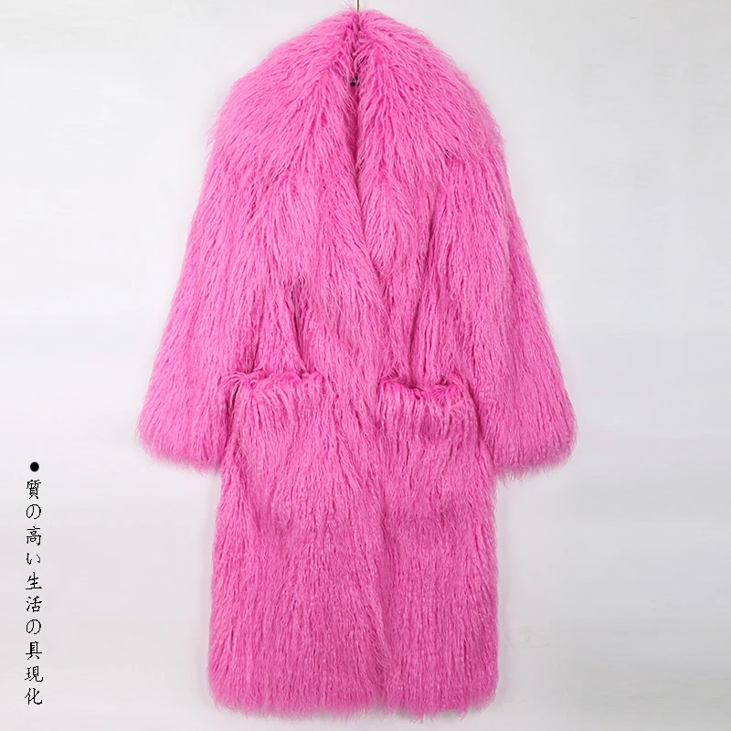 Mauroicardi Winter Thick Warm Shaggy Hairy Fluffy Colored Bright Pink Long Faux Fur Coat Women Loose Luxury Furry Overcoat 2025