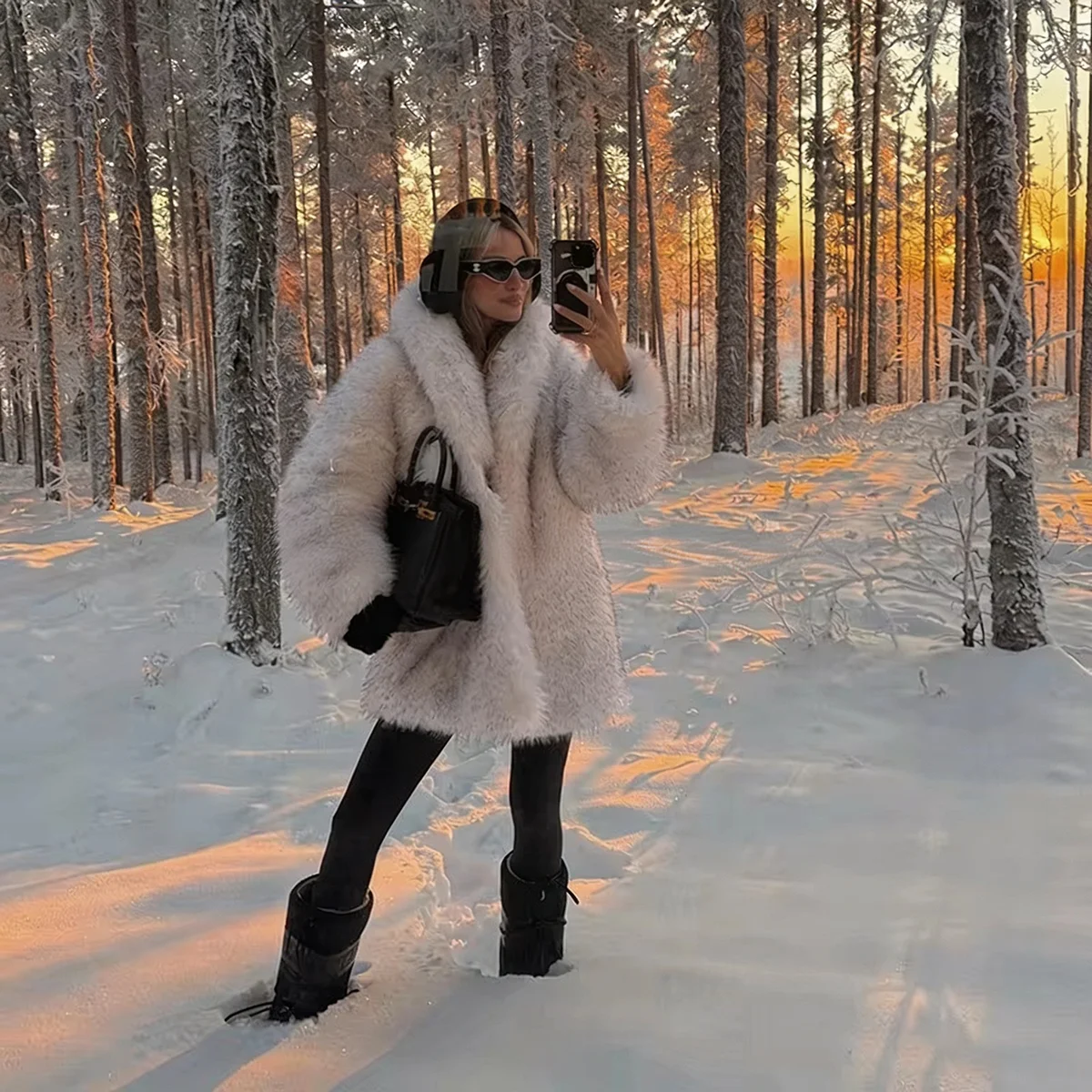 Women's Faux Fur Coat Long White Fluffy Lapel Collar Warm Winter Jacket Elegant Luxe Chic Quiet Luxury Outerwear