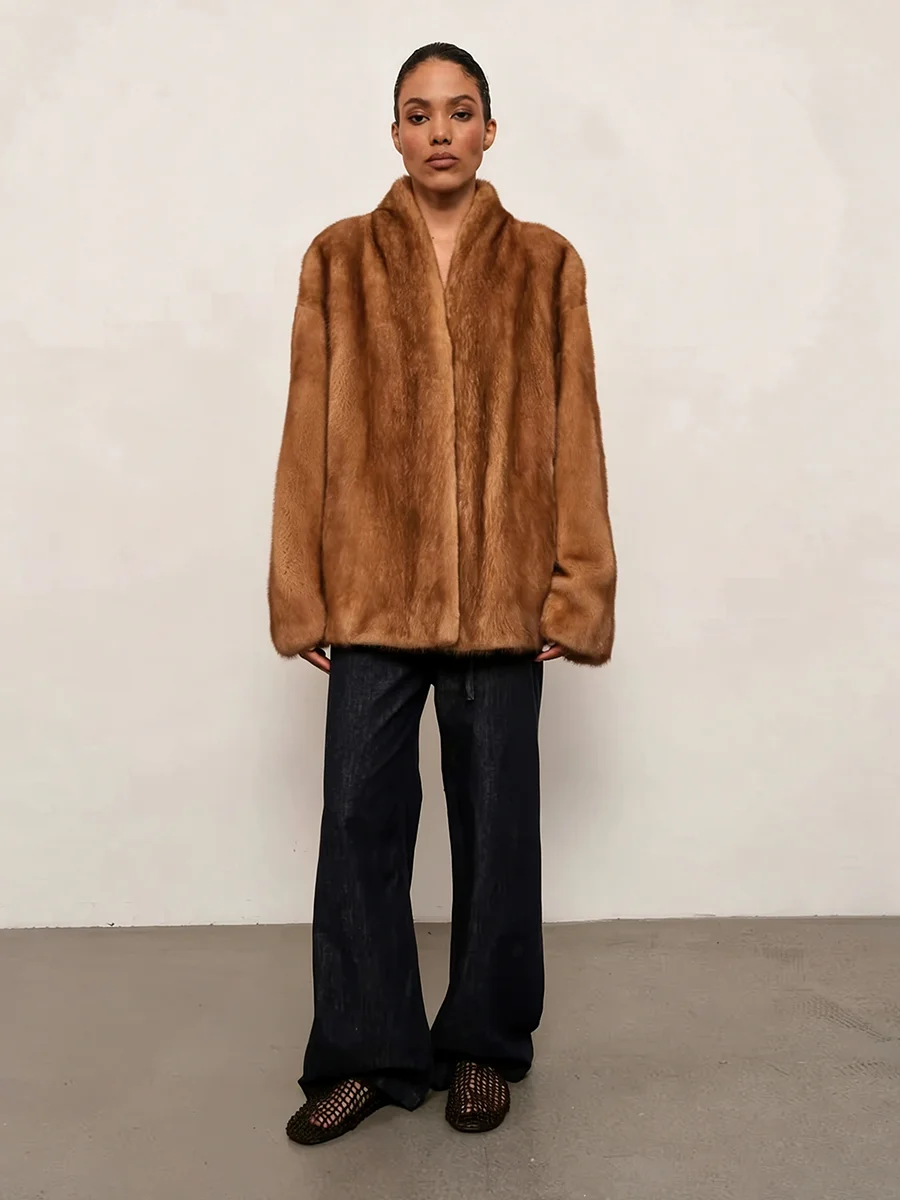 Women's Caramel Brown Faux Fur Coat Open Front Shawl Collar Oversized Winter Warm Elegant Luxe Chic Outerwear