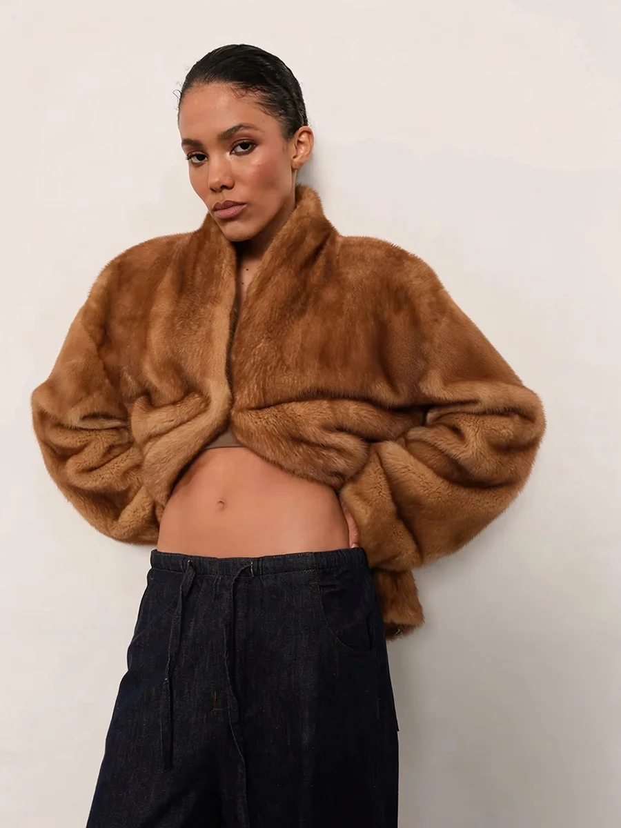 Women's Caramel Brown Faux Fur Coat Open Front Shawl Collar Oversized Winter Warm Elegant Luxe Chic Outerwear