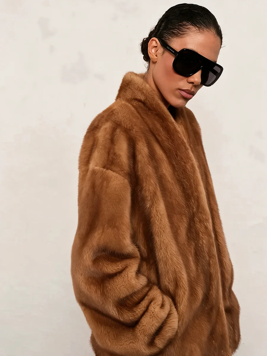Women's Caramel Brown Faux Fur Coat Open Front Shawl Collar Oversized Winter Warm Elegant Luxe Chic Outerwear