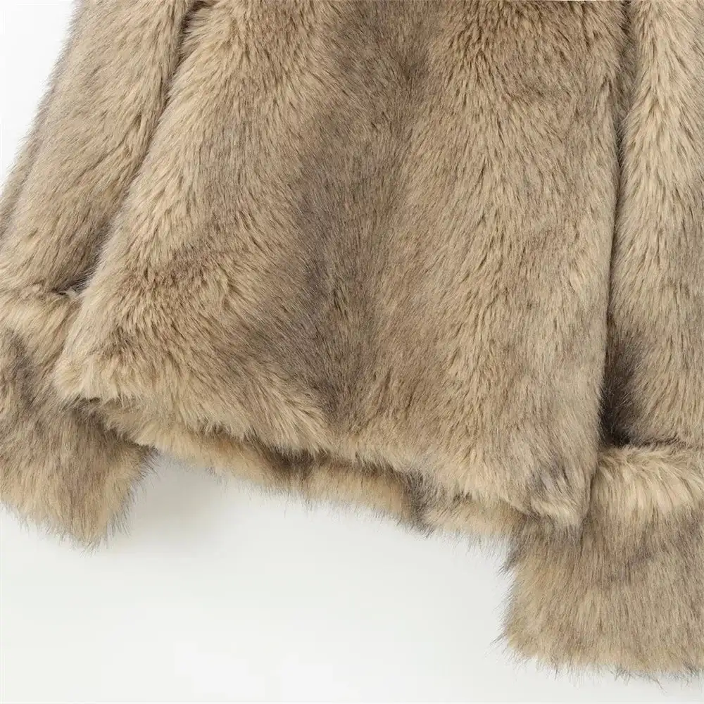 Women's Faux Fur Coat Funnel Neck Fluffy Camel Cropped Pullover Winter Warm Jacket Elegant Luxe Chic Outerwear