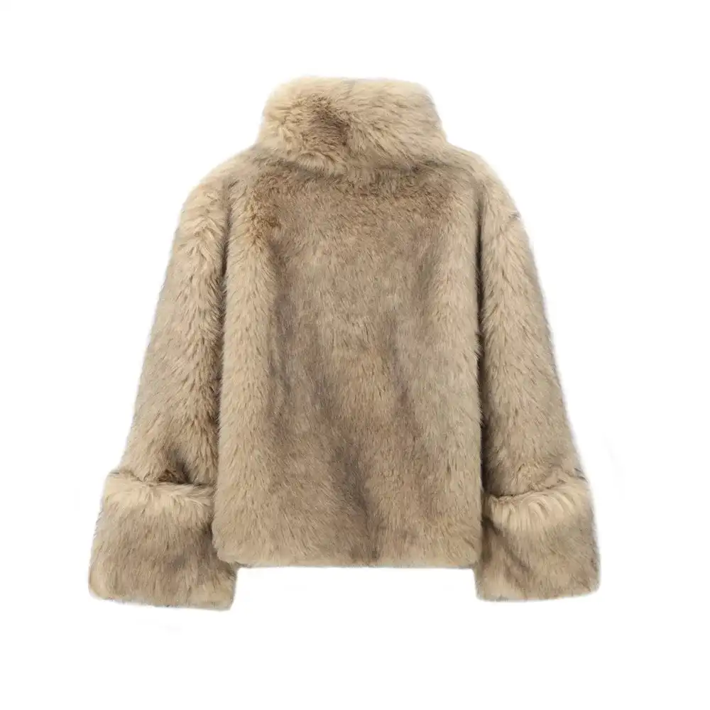 Women's Faux Fur Coat Funnel Neck Fluffy Camel Cropped Pullover Winter Warm Jacket Elegant Luxe Chic Outerwear